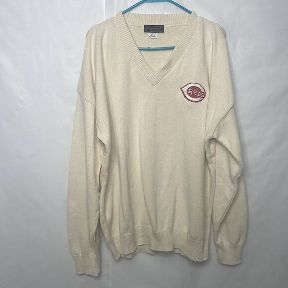 Vintage Andrew Rohan Cincinnati Reds V Neck Mlb Sweater Size 2XL  USA Cream - Picture 1 of 11